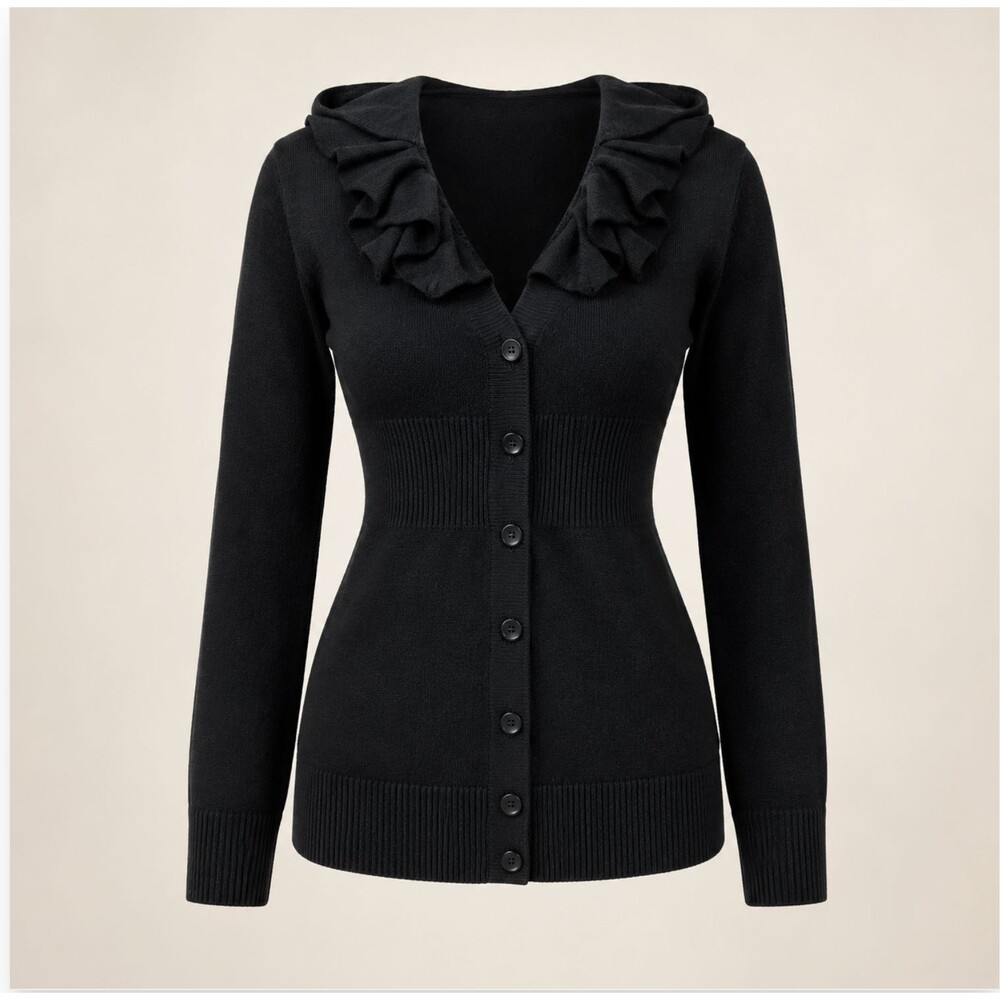 ELLE Womens XS Black Ruffle Collar Button Front Knit Cardigan Romantic Sweater